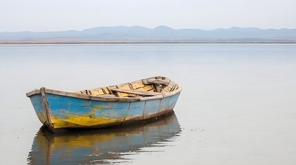 Naklejka premium Colorful wooden boat resting on calm water with distant mountains in background