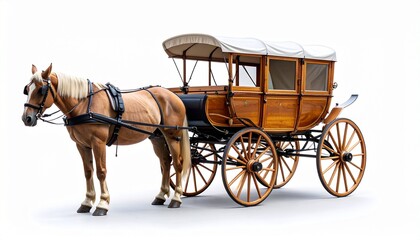 Vintage horse-drawn carriage with wooden body, black canopy roof, and front lanterns