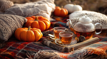 Fototapeta premium Autumn picnic scene with pumpkins, blankets, and warm tea, rustic style