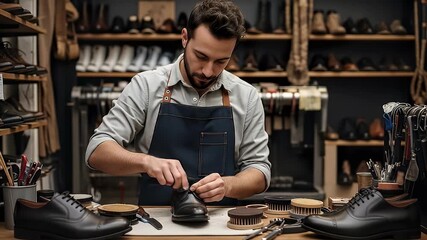 Craftsman tying shoe laces in shoe repair shop
