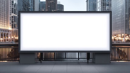 Obraz premium A large blank billboard stands prominently in an urban cityscape with skyscrapers and waterfront in the background