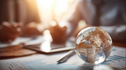 Obraz premium A glass globe rests on financial documents with charts, a pen, and a tablet, suggesting a global business or economic analysis meeting