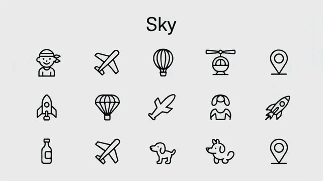 A set of 12 minimalist line art icons arranged in a 3x4 grid with the word Sky in black text at the top.  