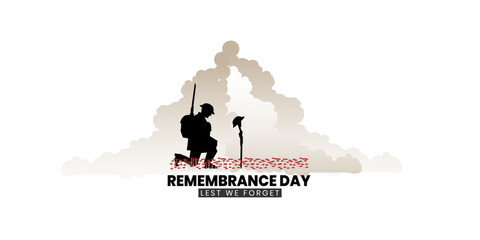 Remembrance day poster, Lest We forget 11 November greeting banner or card of poppy flowers, Vector illustration.