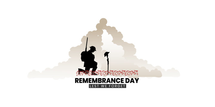 Remembrance day poster, Lest We forget 11 November greeting banner or card of poppy flowers, Vector illustration.