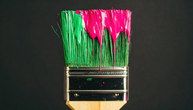 Close up photo of paintbrush bristles dipped in neon paint, highlighting creativity, artistic expression, vibrant color detail, modern design, and contemporary art concept.