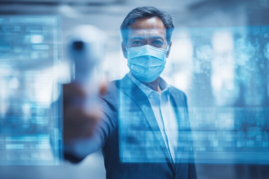 A man in a suit and face mask uses a digital thermometer, with futuristic virtual screens displayed in the foreground