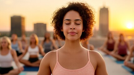 A serene moment captured during a sunset yoga session, showcasing a woman in meditation along with a group in the background.