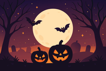 Halloween night scene with pumpkins, bats, moon and trees vector illustration