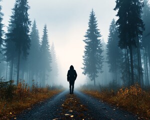 A solitary figure walks along a mist-covered forest path, surrounded by towering trees. The serene atmosphere evokes a sense of peace and introspection.