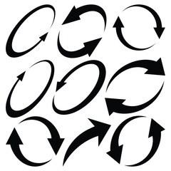 Abstract collection of black arrows in various shapes and directions on white background. Dynamic layout with curved and straight arrows. Graphic, minimal design symbolizing movement.	