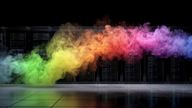 A mesmerizing blend of vibrant colors billows in a sleek, modern server space.