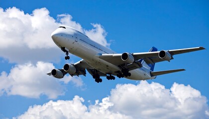 Naklejka premium Boeing 747 commercial airliner in flight, soaring through blue skies with fluffy clouds