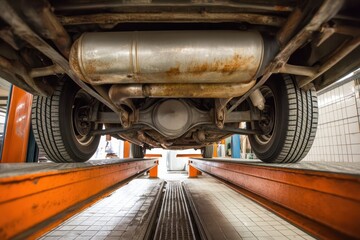 A car's undercarriage is visible from below while positioned on an orange automotive lift in a service garage