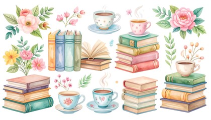 Watercolor illustration of tea, books, and flowers