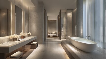 Luxurious modern bathroom with marble surfaces, large mirrors, a freestanding bathtub, and soft natural lighting