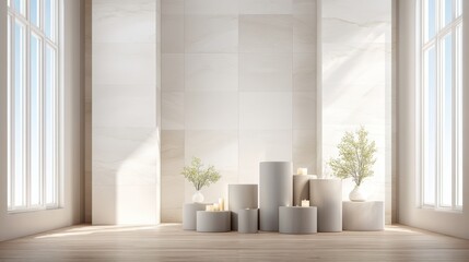 Minimalist interior with natural light, white cylindrical pedestals, candles, and small potted plants against a modern tiled wall