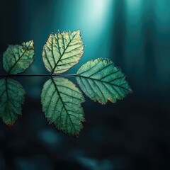 Forest leaves, vibrant teal, backlit