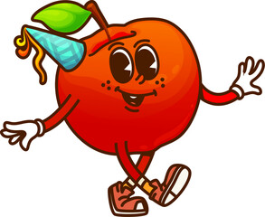 Cartoon groovy apple character with funny face from school stationery, vector personage. Groovy apple fruit in birthday cap or party hat with silly smile as school stationery retro cartoon character