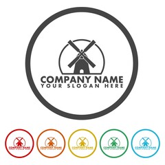 Windmill Vintage logo design. Set icons in color circle buttons