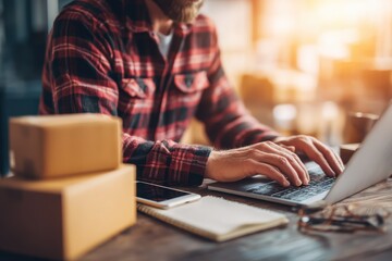A person in a plaid shirt works on a laptop at a desk with packages, a phone, and a notebook in warm sunlight