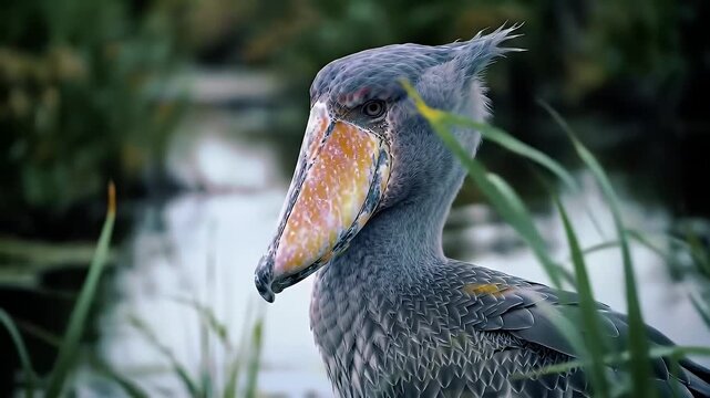 Close Up Of Shoebill in Green Reeds Near Water With Gray Feathers and Distinctive Beak