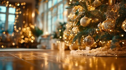 Low Angle Christmas Tree with Golden Ornaments and Fairy Lights in Cozy Holiday Room