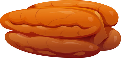 Cartoon raw ripe pecan nut. Isolated vector nutritious, organic kernel, healthy food, natural peeled grain. Tropical plant, culinary and baking ingredient with a rich brown hue and glossy texture