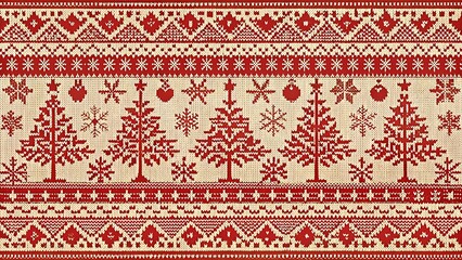 Red and white christmas pattern with trees and snowflakes