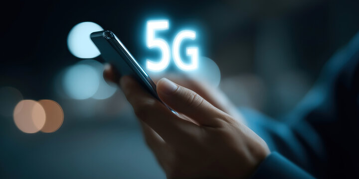 Hand holds smartphone displaying glowing 5G connectivity symbol against nighttime backdrop.