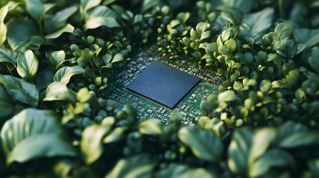 Green technology innovation emerges from lush foliage, symbolizing eco-friendly advancements.