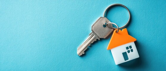 A silver house key with a small house-shaped keychain lies on a blue background, symbolizing home ownership or real estate