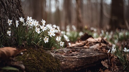 Fototapeta premium Delicate white wildflowers bloom near mossy tree trunk in serene forest setting