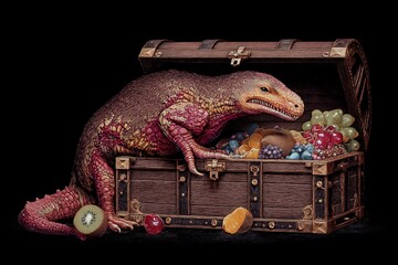 Dinosaur guarding a treasure chest full of fruit a whimsical scene perfect for fantasy art and prehistoric themes