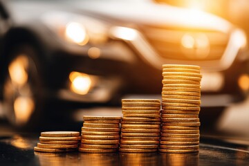 Stacks of gold coins are arranged in front of a blurred car, symbolizing money, finance, or the cost of owning a vehicle