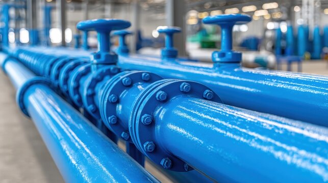 Large blue industrial pipes with flanges and valves run parallel inside a facility, suggesting fluid transport or processing in an industrial environment