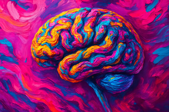 AI generated surreal digital artwork of a human brain painted in vivid abstract oil style with swirling colors symbolizing creativity imagination and limitless energy