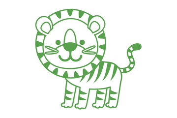 Smiling green baby tiger standing playfully, exuding cuteness in simple outline drawing