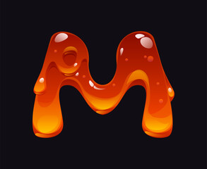 Tasty honey cartoon font letter M. Yellow caramel English alphabet type sign, liquid candy vector font symbol. Tasty amber flow cartoon element or sweet honey ABC typeset letter