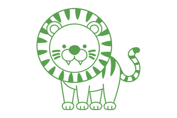 Green lined lion features a stripe tail and mane on a white background