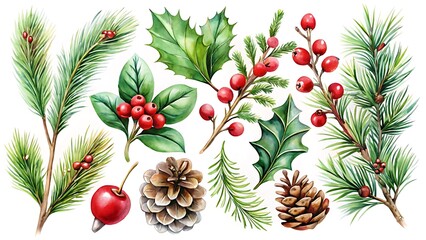 Fototapeta premium Christmas botanical elements isolated on white background