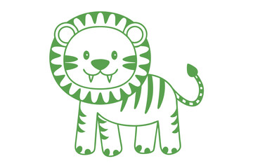 Smiling green cartoon tiger with stripes, sharp teeth stands on white backdrop