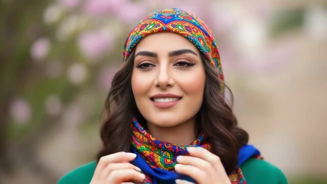 Smiling woman with colorful headscarf and green sweater outdoors