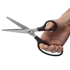A hand holding open a pair of scissors with black handles for cutting and trimming