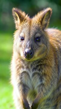 Close Up Portrait of a Wallaby with Brown Fur and Sandy Patches with Green Background