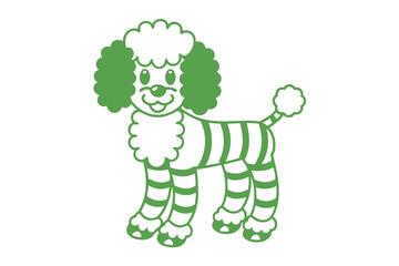 Stripped cartoon poodle stands with smile, its curly fur entirely in the color green