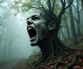Halloween horror theme, Double exposure, Surreal Landscape with Human Head as Tree Roots in Misty Forest Environment