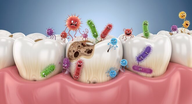 Illustration of bacteria interacting with teeth and gum in a dental setting focusing on dental health - Powered by Adobe