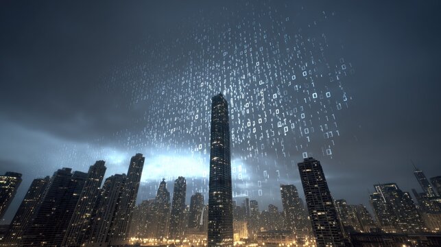 Tall skyscraper at night, binary code rain