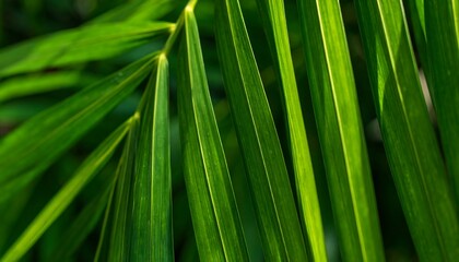 Close-up view of vibrant green palm fronds, showcasing intricate details and a lush, tropical ambiance.